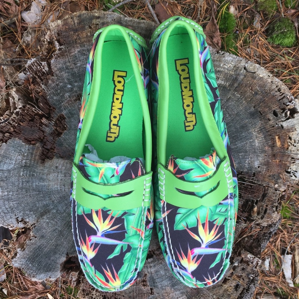 NWOT Loudmouth Mens Tropical Loafers Driving Shoes Green Bird of Paradise